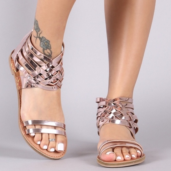 Shoes - Rose Pink Metallic Strappy Gladiator Sandals Metallic Sandals